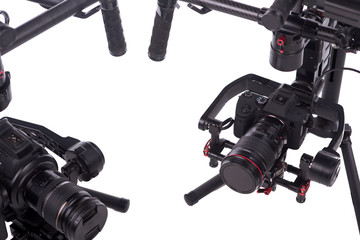 Sistem stabilization video camera and lens on steady equipment support such as gimbal steady or stabilized. White background