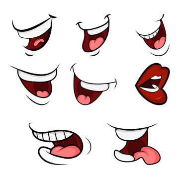 Cartoon Mouth Set. Tongue, Smile, Teeth. Expressive Emotions. Simple flat design isolated on white background