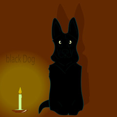 Seated black dog with big ears and a burning candle nearby
