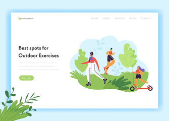 Healthy Lifestyle Landing Page Template. Outdoor Excercises Active Characters Woman on Bicycle and Running Man in the Park for Web Page, Mobile Website. Vector illustration
