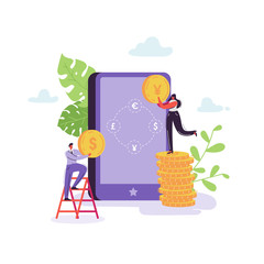 Mobile Currency Exchange Service. Online Banking Concept with Characters and Money. Businessman and Business Woman Changes Currency Using Tablet. Vector illustration