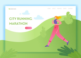 Healthy Lifestyle Landing Page Template. Running Woman Character in the Park, City Marathon for Web Page and Mobile Website. Easy to Edit. Vector illustration