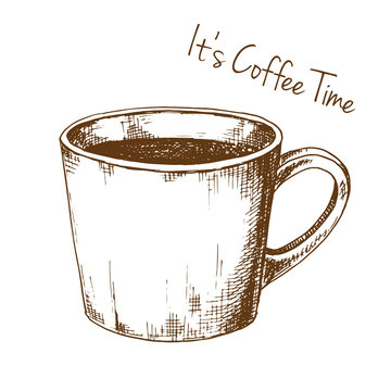 Fototapeta Sketch of a cup of coffee. The inscription It's Coffee Time. Vector illustration of a sketch style.