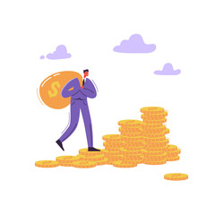 Successful Businessman Character with Money Bag. Wealth, Financial Success, Money Growth, Profit Concept. Vector illustration