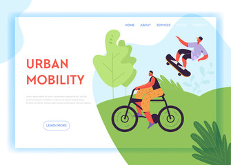 Fototapeta premium Healthy Lifestyle Landing Page Template. Active Characters Woman on Bicycle and Man on Skateboard in the Park for Web Page, Mobile Website. Vector illustration