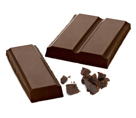 Broken or cracked dark chocolate bars, chips or pieces isolated on white background