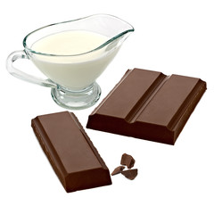 Broken or cracked dark chocolate bars, chips or pieces with milk isolated on white background