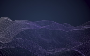 Abstract landscape on a dark background. Cyberspace navy blue grid. Hi-tech network. 3D illustration
