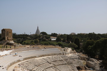 Greek theater in Parco Archeologico della Neapoli in Syracuse, Sicily Italy