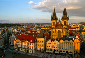 Obraz premium PRAGUE, CZECH REPUBLIC. On October 21, 2018. Aerial view of the gothic Tyn cathedral, Old Town square. Historical center .Aerial view of the gothic Tyn cathedral. European travel.