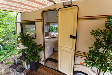Family vacation travel, vacation trip to the motorhome, vacation Caravan car. Equipped place for camping. Motorhome trailer.