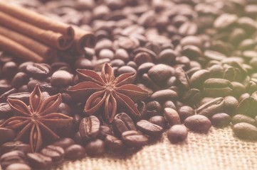Aromatic roasted coffee beans and anis or badian, sticks of natural cinnamon on  background close up