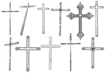 Set of Christian and catholic crosses isolated on white background. Element for Holy week tradition, Good Friday poster or card. Vector.