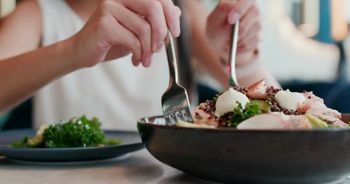 Woman Eat Salad Inside Restaurant