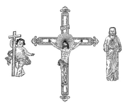 Depiction of child Jesus Christ son of God, then crucifixion on cross for people sins at mount Golgotha and resurrection. Hand drawn art sketch. Vector.