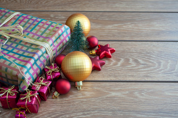 christmas gift background with wooden table