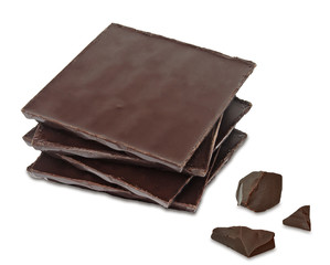 Broken or cracked dark chocolate bars, chips or pieces isolated on white background