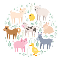 Cute farm animals cow, pig, lamb, donkey, bunny, chick, horse, goat, duck isolated. Domestic animals kid set in round composition vector illustration