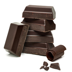 Broken or cracked Dark chocolate bars stack with curl isolated on white background