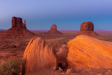 East and West Mitten Buttes, and Merrick Butte at dusk, Monument Valley Navajo Tribal Park on the Arizona-Utah border, USA
