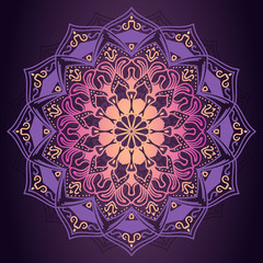 Purple mandala ornamental pattern in dark background vector illustration