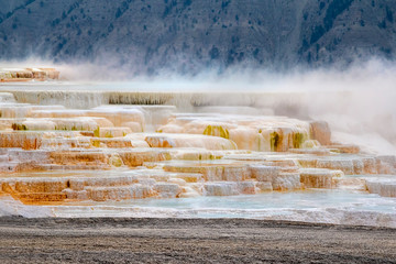 Mammoth Hot Springs and Terraces at sunrise, Yellowstone National Park, Wyoming, USA
