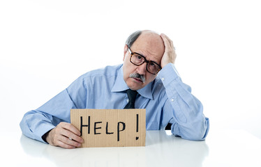 Portrait os senior businessman asking for help isolated on white background
