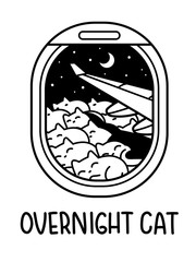 A Cartoon Vector Outline Drawing Of An Airplane Flying Over The Layer Of Clouds Shaped Like Sleeping Cats At Night