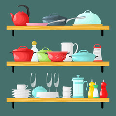 Three shelves with dishes. Cookware set in cartoon style. Vector