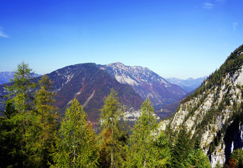 Fototapeta na wymiar Scenic landscape of the Austrian Alps from the Krippenstein of the Dachstein Mountains range in Obertraun, Austria, Europe