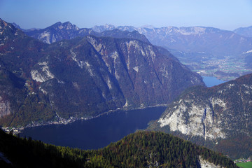 Scenic landscape of the Austrian Alps from the Krippenstein of the Dachstein Mountains range in Obertraun, Austria, Europe