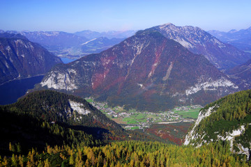 Scenic autumn landscape of the Austrian Alps from the Krippenstein of the Dachstein Mountains range in Obertraun, Austria, Europe