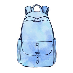 Sketch of a rucksack. Backpack isolated on white background. Vector illustration of a sketch style.Stylized watercolor.