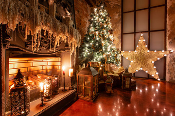Winter home decor. Christmas in loft interior against brick wall. gifts under the tree. star lamp...