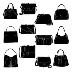 Set of different bags, men, women and unisex. Bags isolated on white background. Vector illustration in sketch style.