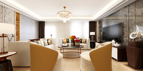 3D Render Living Room, House Interior View.