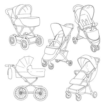 Sketch of a baby stroller and stroller for walks. Vector illustration