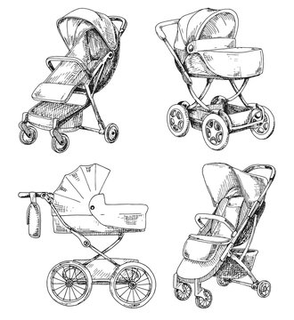 Sketch of a baby stroller and stroller for walks. Vector illustration