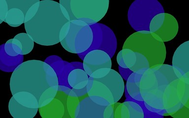 Multicolored translucent circles on a dark background. Green tones. 3D illustration
