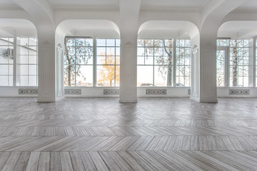 Morning in luxurious light interior in mansion . Bright and clean interior design of a luxury...