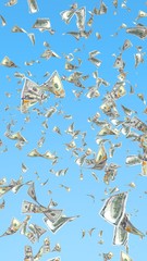Flying dollars banknotes isolated on a blue background. Money is flying in the air. 100 US banknotes new sample. 3D illustration