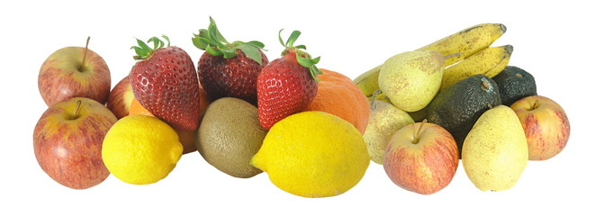 Lote de fruta, maçã, morango, limão, abacate, pera, qiwi e banana - frutos misturados todos juntos em lote