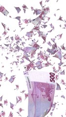 Obraz na płótnie Canvas Flying euro banknotes isolated on a white background. Money is flying in the air. 500 EURO in color. 3D illustration