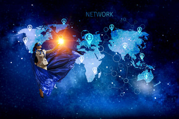 Super woman in sky. Mixed media