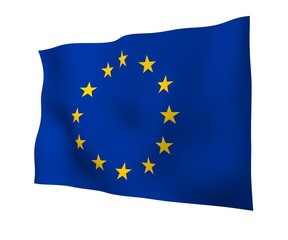 Slightly waving flag of the European Union isolated on white background, 3D rendering. Symbol of Europe. 3D illustration
