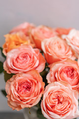 Roses pink pastel colors. Bright bouquet in metal bucket. concept of flower shop.