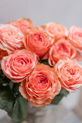 Roses pink pastel colors. Bright bouquet in metal bucket. concept of flower shop.