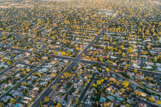 Aerial view of streets and homes near Lassen St and Corbin Ave in the San Fernando Valley region of Los Angeles, California.