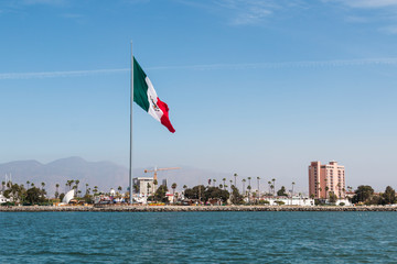 The skyline of Ensenada Harbor as seen from the ocean in Ensenada, Baja California, Mexico.