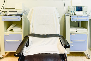 Valencia, Spain - October 25, 2018: Test chair to examine patients in a hospital.
